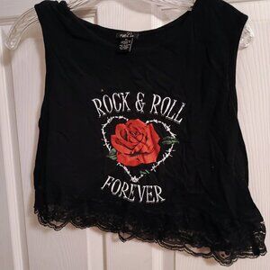 Rue21 Rock N Roll Forever Black Tank Crop Top Womens XL Lace Bottom New